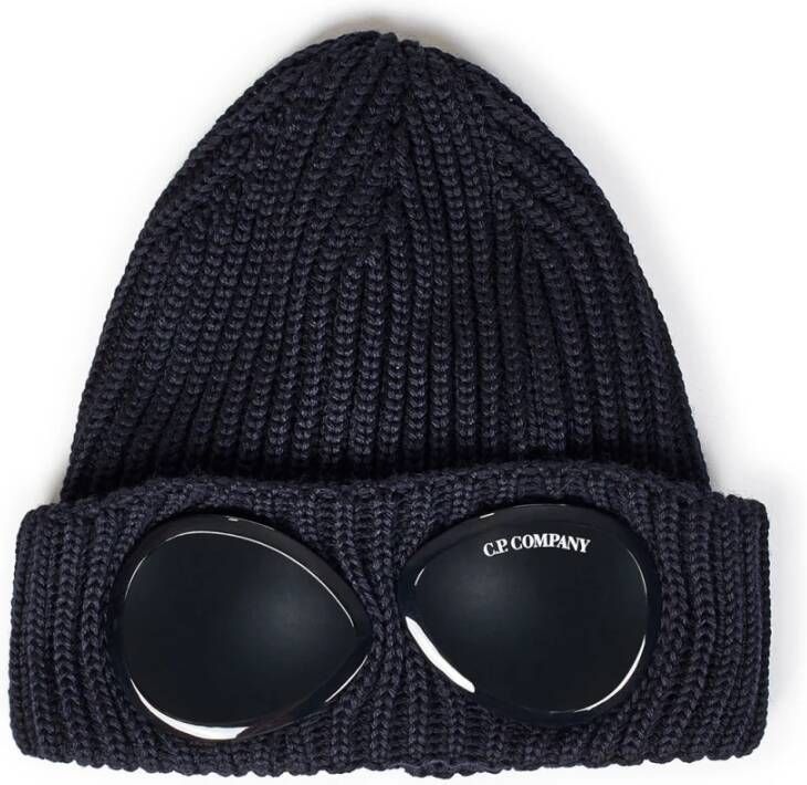 C.P. Company Blauwe Chunky Ribgebreide Muts met Goggle Detail Blauw Heren