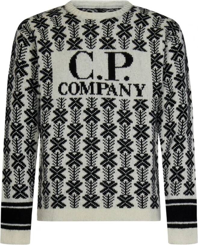 C.P. Company Witte Intarsia-Gebreide Logo Trui White Heren