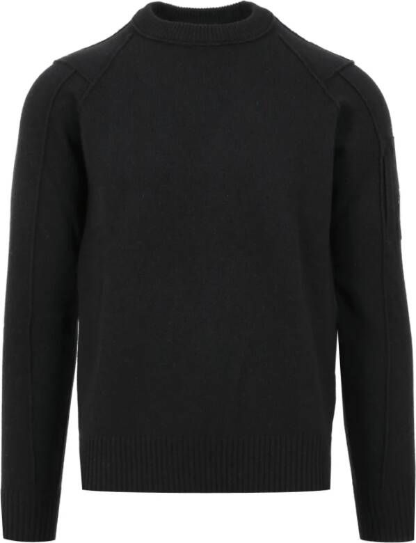 C.P. Company Zwarte Crew-neck Sweater met Geribbeld Werk en Lenscompartiment Zwart Heren