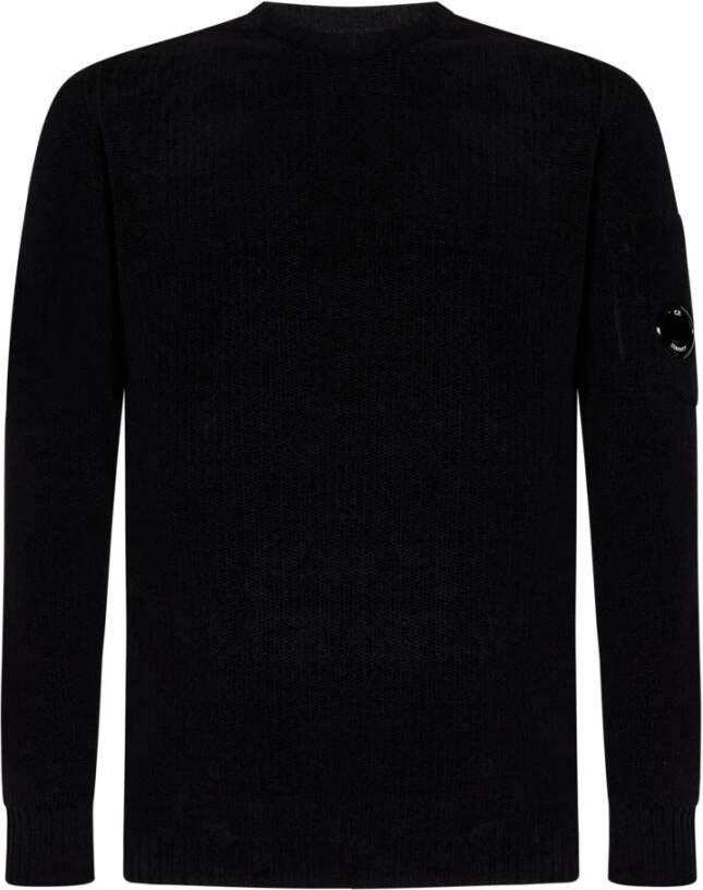 C.P. Company Zwarte Chenille Katoenen Crewneck Sweater met Lens Detail Black Heren