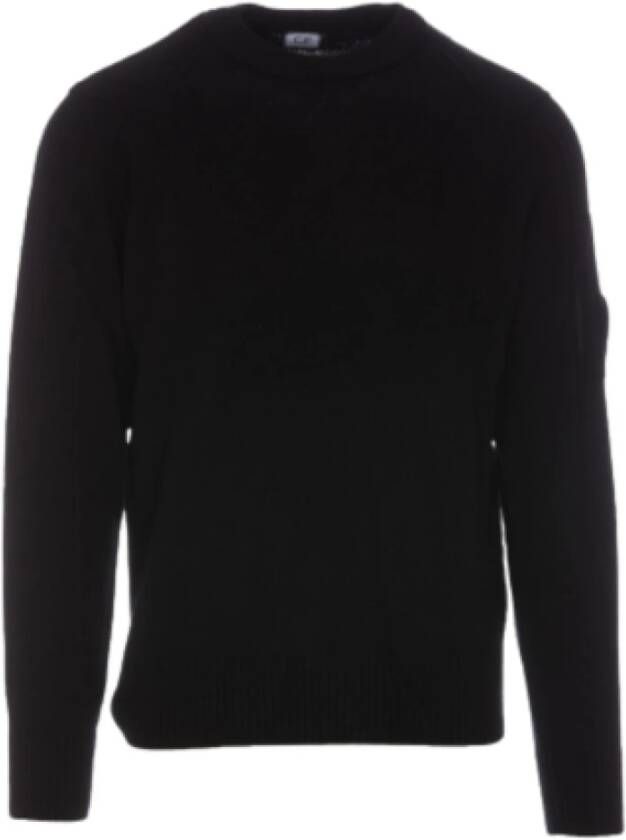 C.P. Company Zwarte Crew-neck Sweater met Geribbeld Werk en Lenscompartiment Zwart Heren