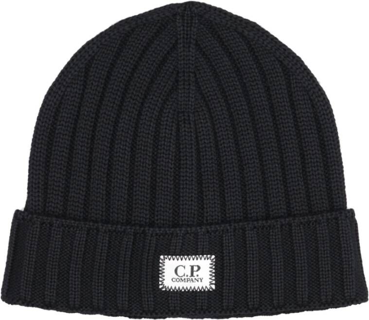 C.P. Company Zwarte Merinowollen Ribgebreide Hoed met Logo Zwart Heren