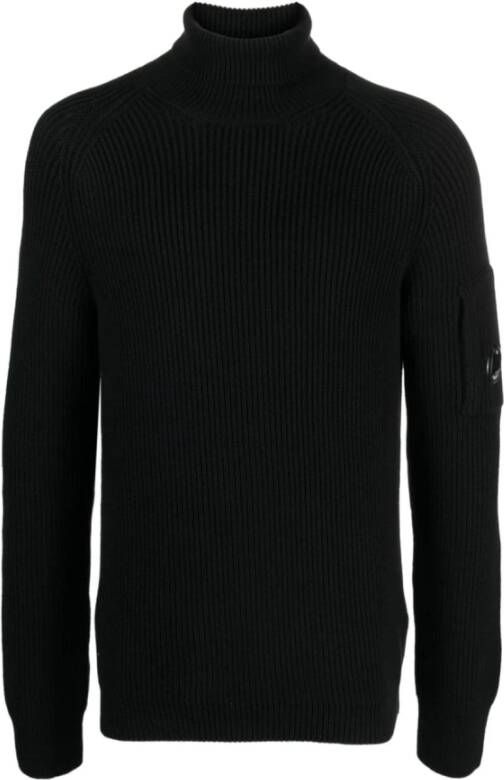 C.P. Company Zwarte Geribbelde Coltrui Sweater met Mouwzak Zwart Heren