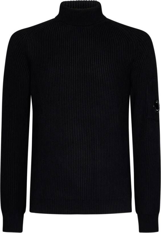 C.P. Company Zwarte Geribbelde Coltrui Sweater met Mouwzak Black Heren