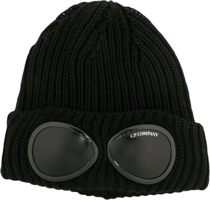 C.P. Company Zwarte geribbelde gebreide muts met Goggle-detail Black Heren