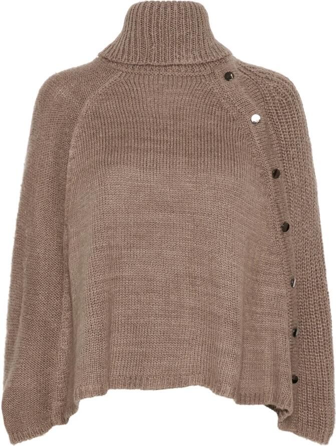 Cream Taupe Gray Gebreide Poncho met Knopen Gray Dames