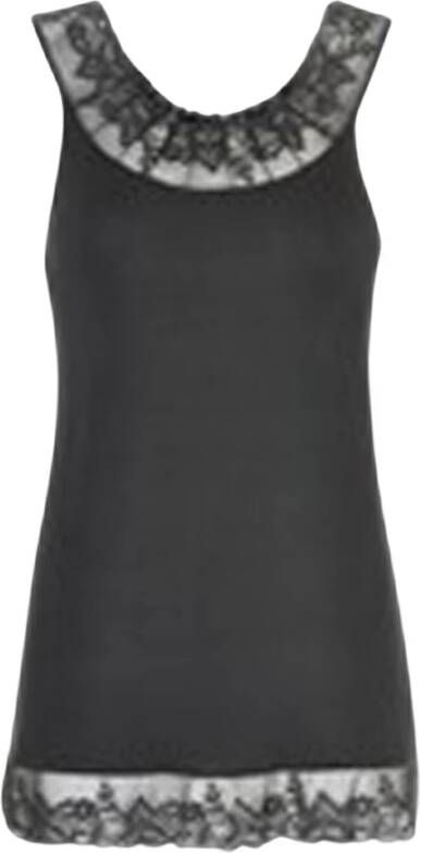 Cream Vrouwelijke Kant Detail Top Zwart Black Dames