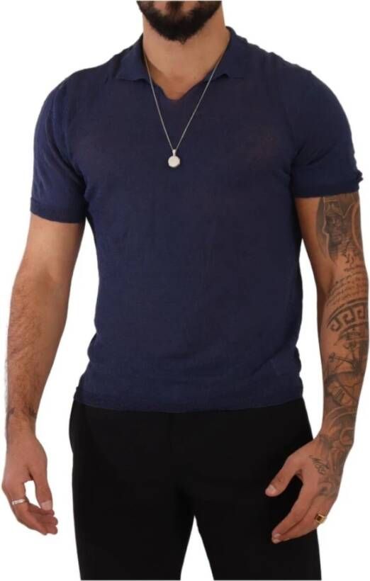 Daniele Alessandrini Navy Blue Linen Collared T-shirt Blauw Heren