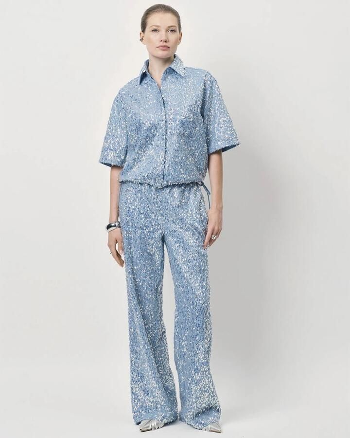 Dante 6 Bardot Pailletten Geknipte Denim Shirt Blue Dames - Foto 2