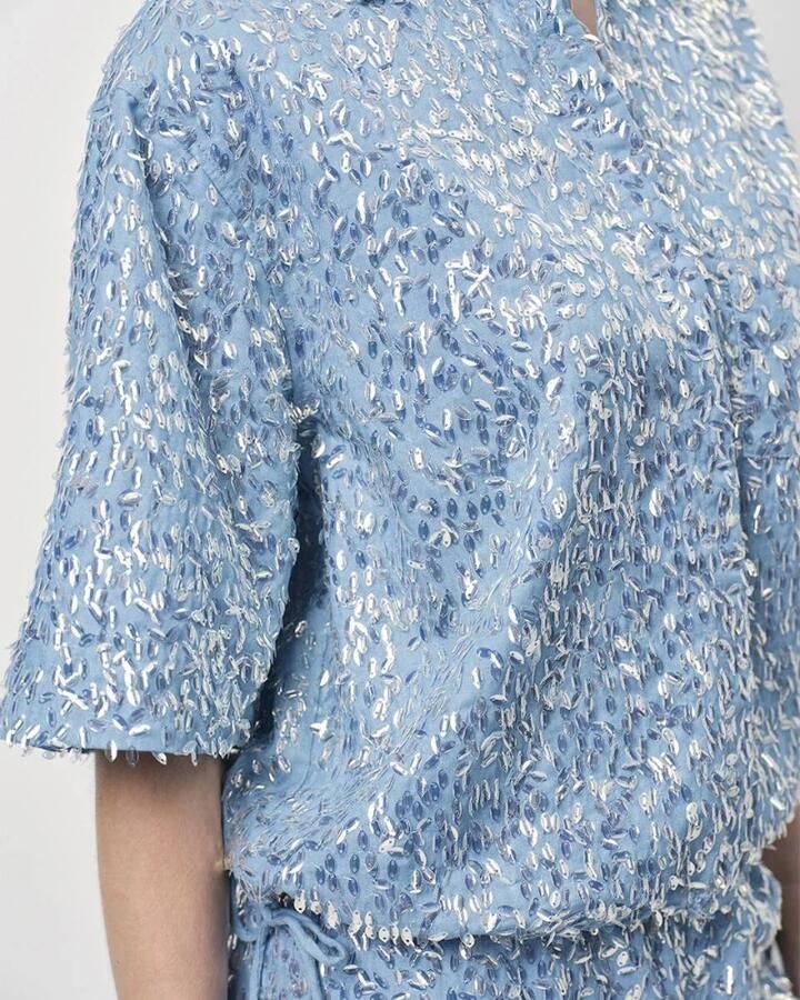 Dante 6 Bardot Pailletten Geknipte Denim Shirt Blue Dames - Foto 3