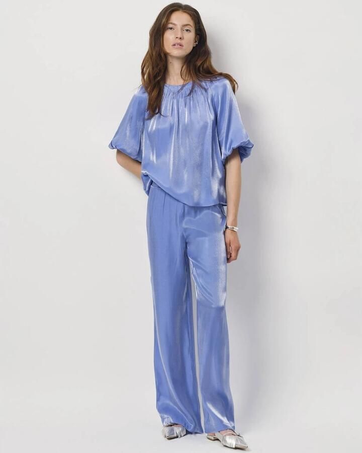 DANTE6 Dames Broeken Soir Shimmer Wide Leg Pants Blauw