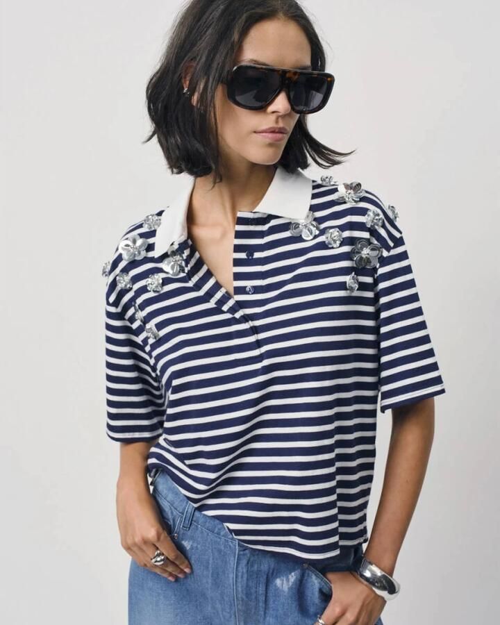 DANTE6 Dames Tops & T-shirts Titan Embellished Polo Shirt Donkerblauw - Foto 2