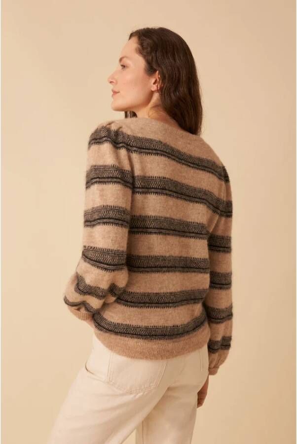 Des Petits Hauts Angie Trui Ronde Hals Open Halslijn Lange Mouw Contrast Kant Strepen Bruin Dames