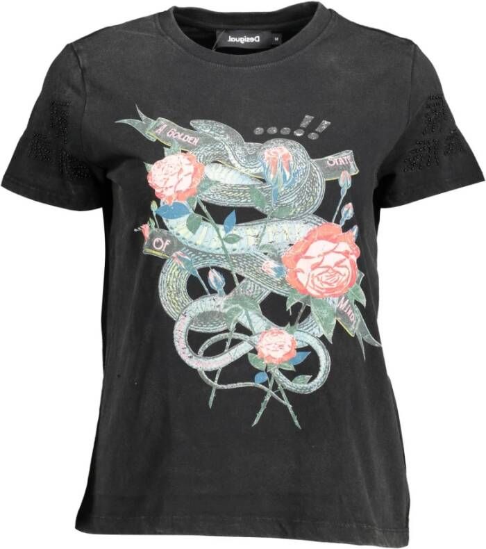 Desigual Stijlvol Zwart Bedrukt T-shirt met Unieke Versieringen Black Dames - Foto 3