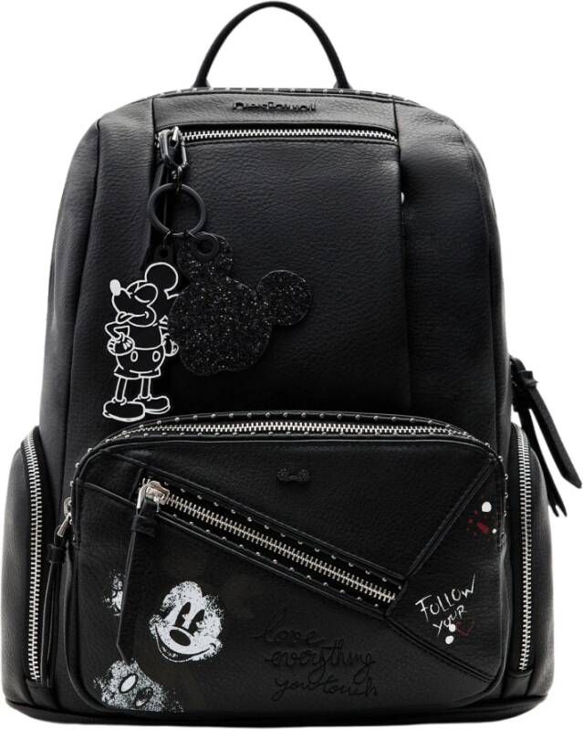 Desigual Middelgrote imitatieleer rugzak met meerdere zakken en Mickey Mouse-details Black Dames