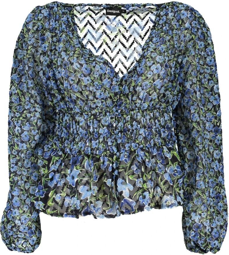 Desigual Gestippelde blouse met V-hals en elastische taille Blue Dames