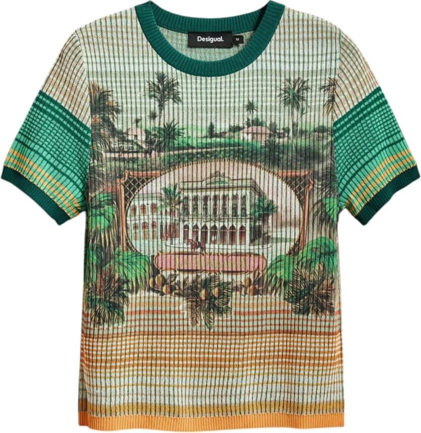 Desigual Overhemd Palm Tree Print Gebreide Top Korte Mouw Geribbeld Breisel - Foto 5