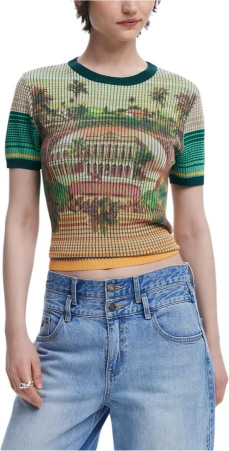 Desigual Overhemd Palm Tree Print Gebreide Top Korte Mouw Geribbeld Breisel - Foto 2