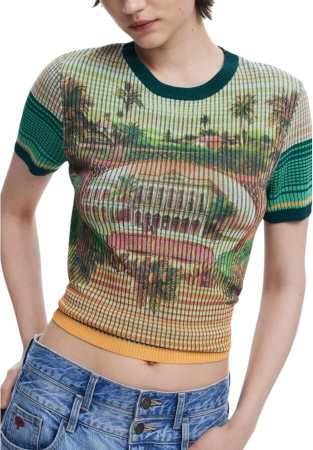 Desigual Overhemd Palm Tree Print Gebreide Top Korte Mouw Geribbeld Breisel