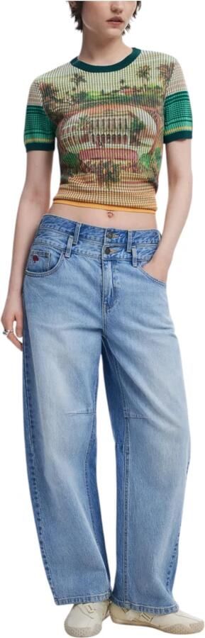 Desigual Overhemd Palm Tree Print Gebreide Top Korte Mouw Geribbeld Breisel - Foto 3