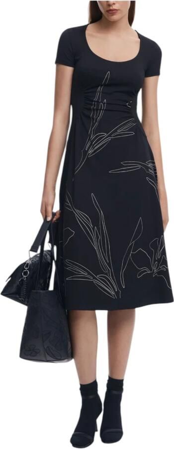 Desigual Bloemen Zwart Jurk Korte Mouw Ronde Hals Black Dames - Foto 4