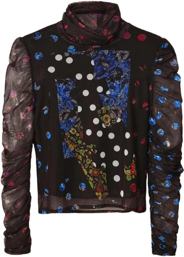 Desigual semi-transparante top van gerecycled polyester zwart wit blauw groen - Foto 2
