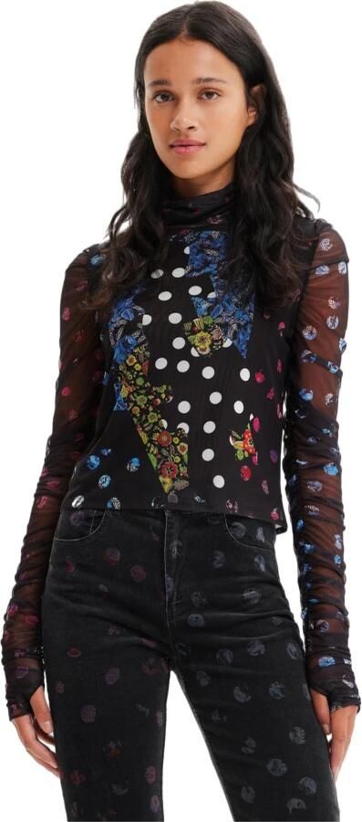 Desigual semi-transparante top van gerecycled polyester zwart wit blauw groen - Foto 3