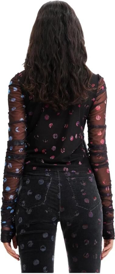 Desigual semi-transparante top van gerecycled polyester zwart wit blauw groen - Foto 4