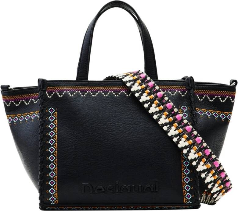 Desigual Contrasterende Geborduurde Medium Handtas met Meerdere Zakken Black Dames