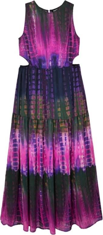 Desigual semi-transparante halter maxi jurk met all over print en open detail donkerpaars fuchsia