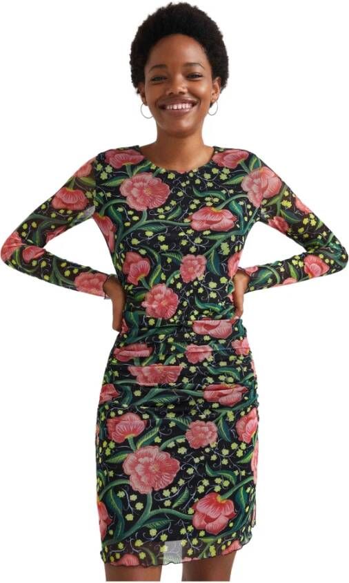 Desigual gebloemde semi transparante jurk zwart groen roze