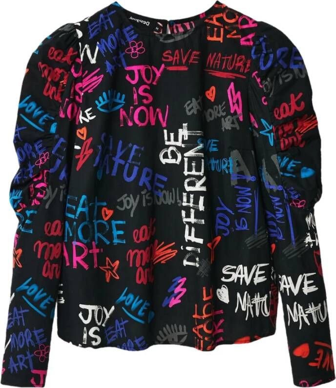 Desigual top met all over print zwart roze blauw - Foto 3
