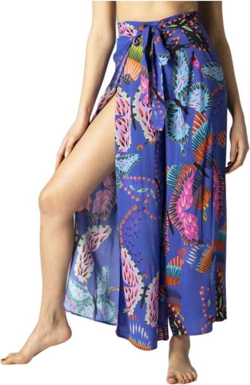 Desigual high waist loose fit palazzo broek met all over print blauw roze