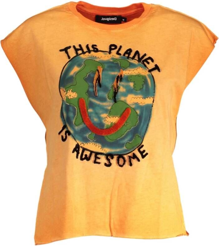 Desigual Contrasterend Print Katoenen T-Shirt Oranje Dames