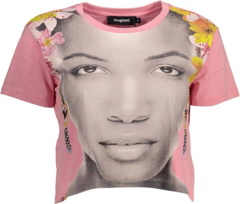 Desigual Roze Katoenen T-Shirt met Korte Mouwen en Applicaties Pink Dames