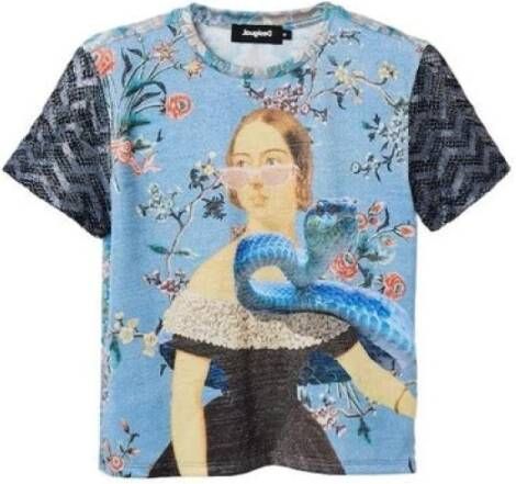 Desigual Lichtblauw Print T-Shirt met Contrasterende Details Blauw Dames