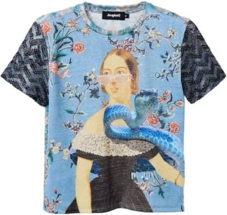 Desigual Lichtblauw Print T-Shirt met Contrasterende Details Blauw Dames