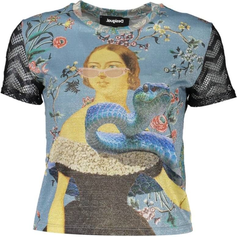 Desigual Lichtblauw Print T-Shirt met Contrasterende Details Blauw Dames