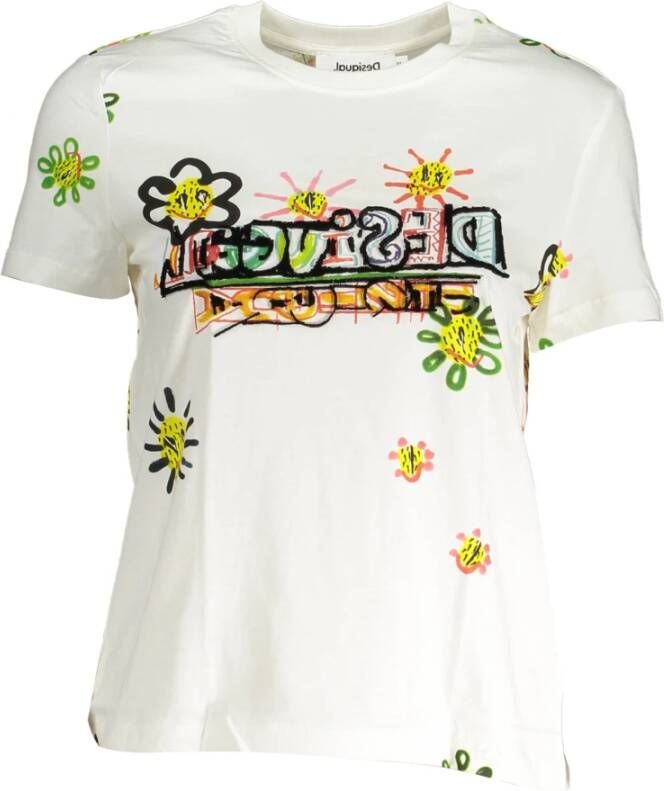 Desigual Stijlvol Bedrukt Ronde Hals T-Shirt White Dames