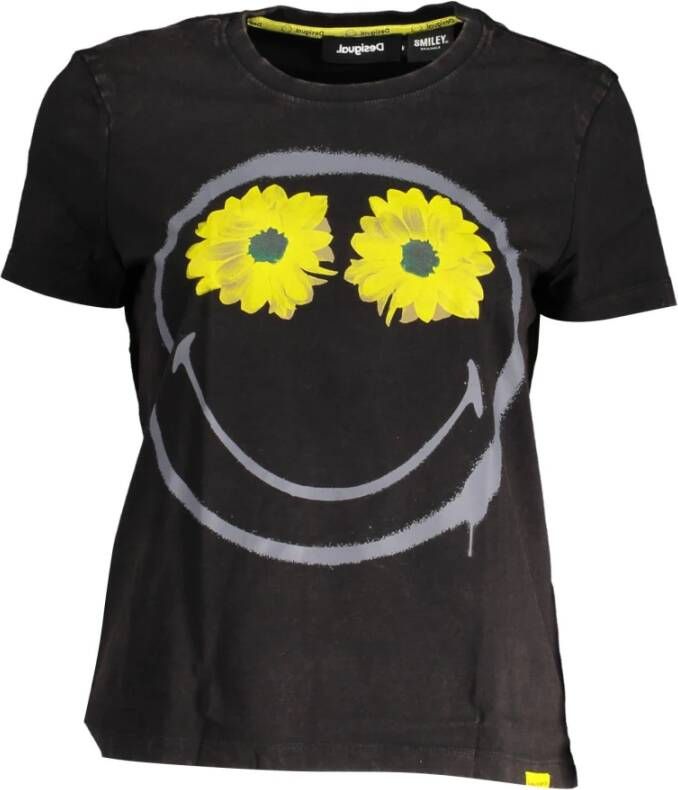 Desigual Zwarte Katoenen Tops & T-Shirt Korte Mouwen Ronde Halslijn Black Dames