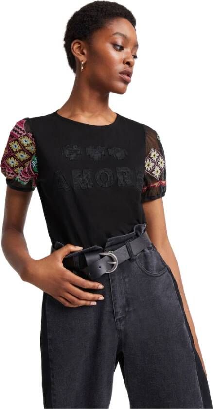 Desigual semi-transparante top met borduursels zwart