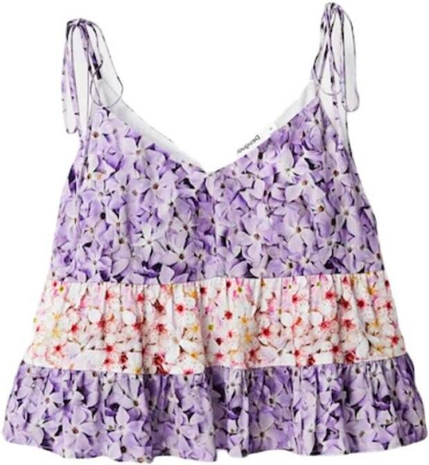 Desigual Bloemen V-Hals Tanktop in Lila Purple Dames