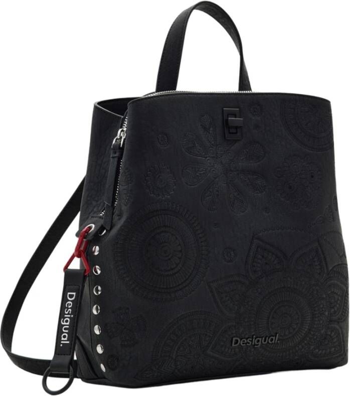Desigual Kleine Eco Leren Rugzak met Borduurwerk en Meerdere Compartimenten Black Dames