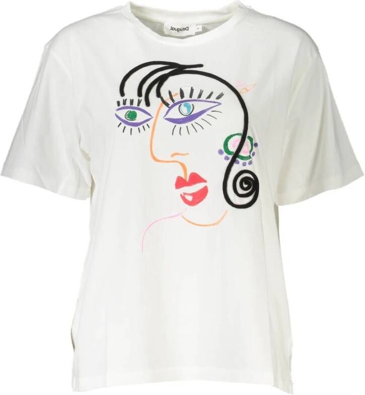 Desigual Witte Katoenen Tops & T-Shirt Korte Mouwen Print Borduurwerk Wit Dames