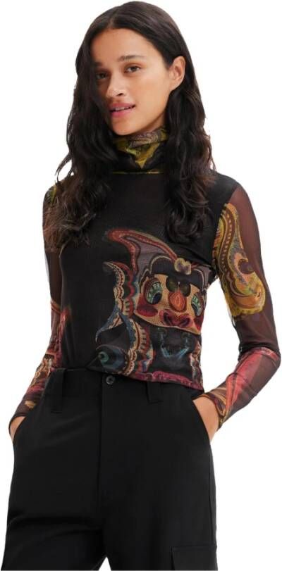 Desigual mesh top met print zwart geel roze - Foto 2