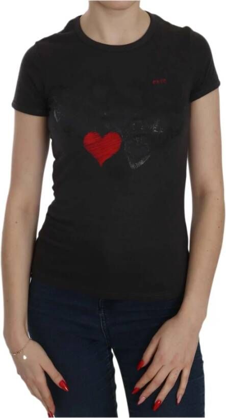 D.Exterior Black Hearts Print Short Sleeve Casual Shirt Top Zwart Dames