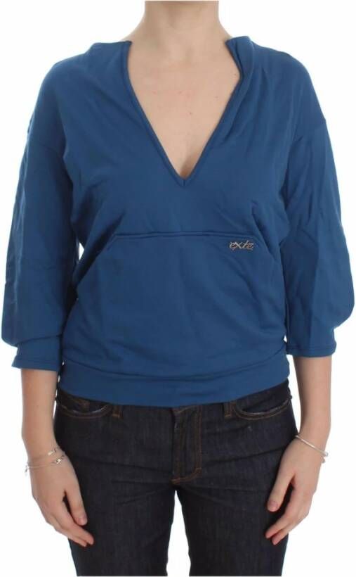 D.Exterior Blue Cotton Top Pullover Deep V-neck Women Sweater Blauw Dames