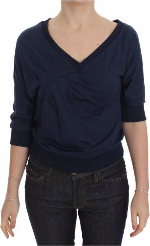 D.Exterior Blue Cotton Top Pullover Deep V-neck Women Sweater Blauw Dames