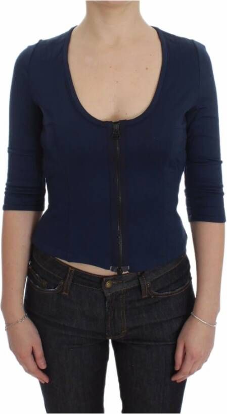 D.Exterior Blue Cotton Top Zipper Deep Crew-neck Sweater Blauw Dames