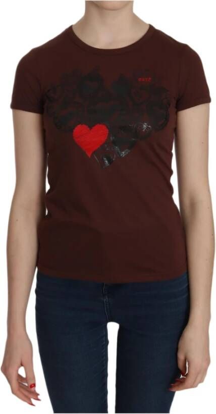 D.Exterior Brown Heart Print Crew Neck T-shirt Short Sleeve Blouse Bruin Dames